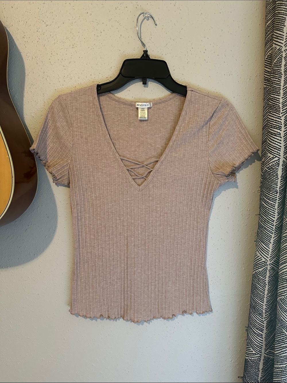 Bozzolo Mauve Ribbed Short Sleeve Crisscross V-Neck Top